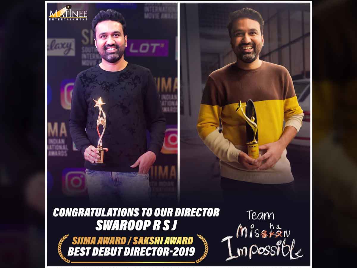 Swaroop RSJ wins Best Debut Director award at  SIIMA 2019 & Sakshi Excellence Awards