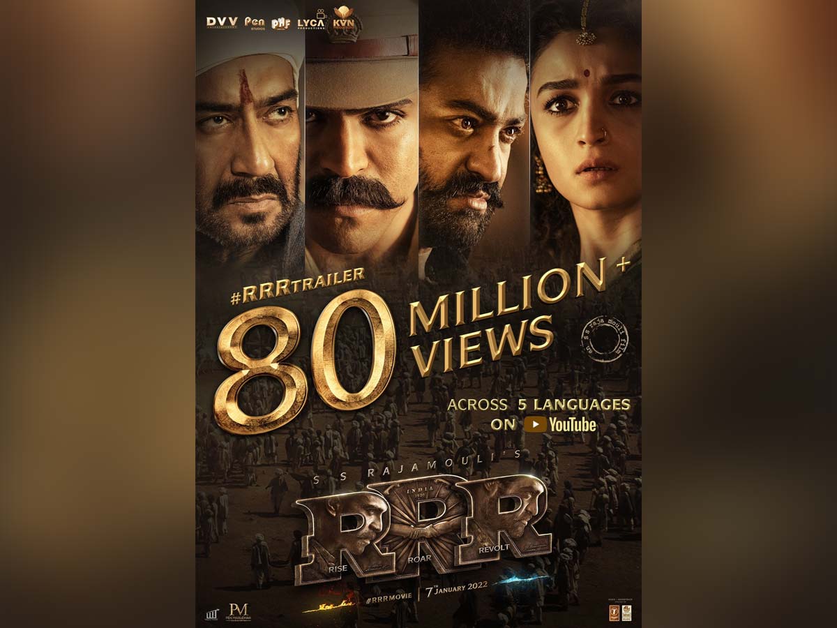 RRR trailer 80 Million+ Views across all languages on YouTube India