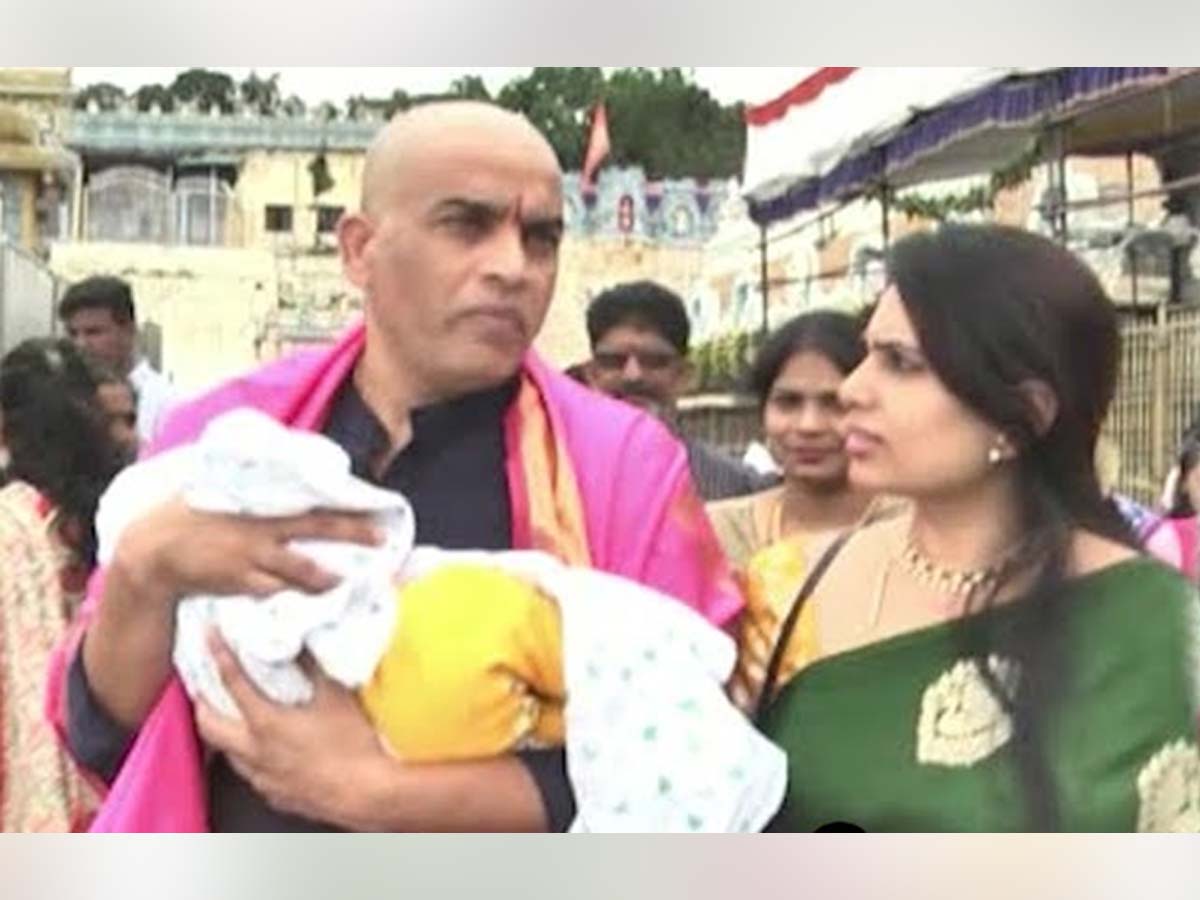 Dil Raju with Vygha Reddy & newly born son in Tirumala temple